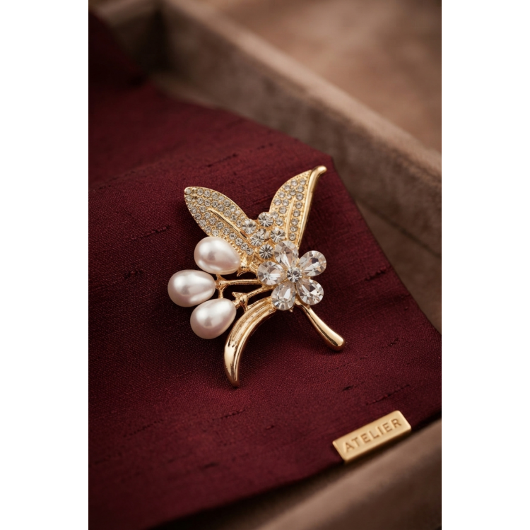 Gold Renk İncili Zirkon Taşlı Yaprak Model Broş 5886