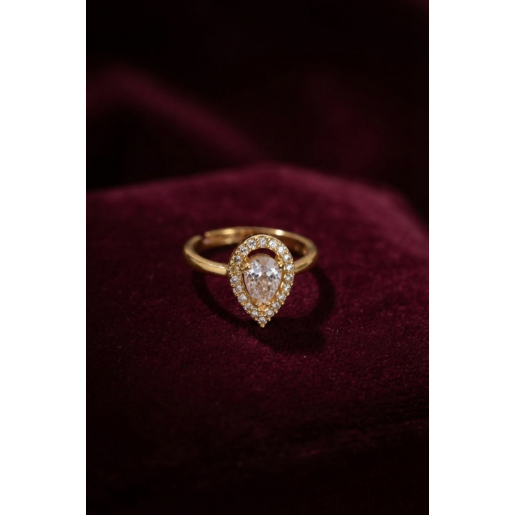 Ayarlamalı Gold Renk Metal Zirkon Taşlı Damla Model Yüzük 5886