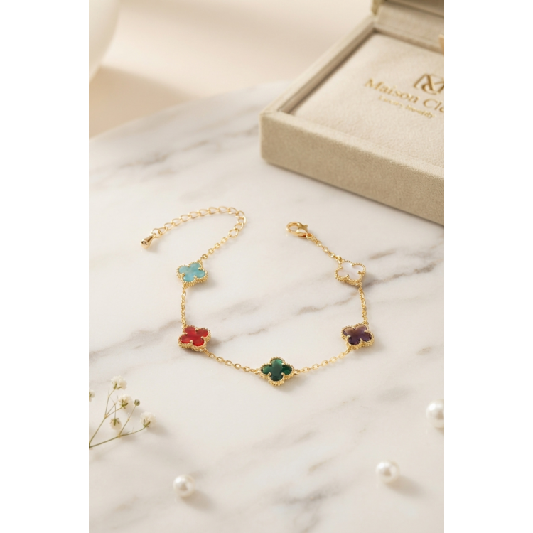 Renkli Kristal Taşlı Gold Renk Yonca Model Kadın Bileklik 5886