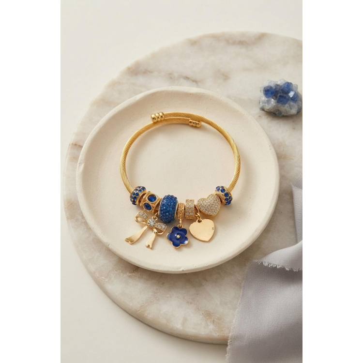 Fiyonk Charmlı Mavi Renk Gold Bileklik 5886