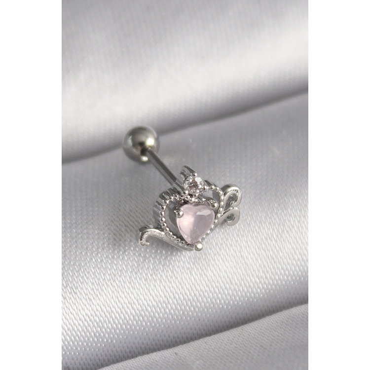 316L Çelik Gümüş Renk Pembe Mineli Kalp Zirkon Taş Detay Tragus Piercing 5886