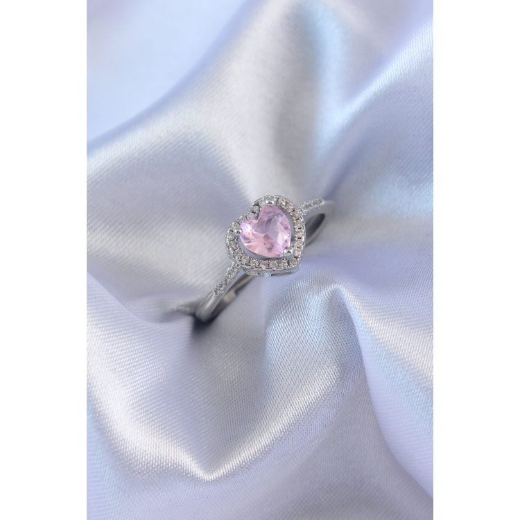 Gümüş Renk Pembe Zirkon Taşlı Kalp Charm Model Pirinç Kadın Yüzük 5886
