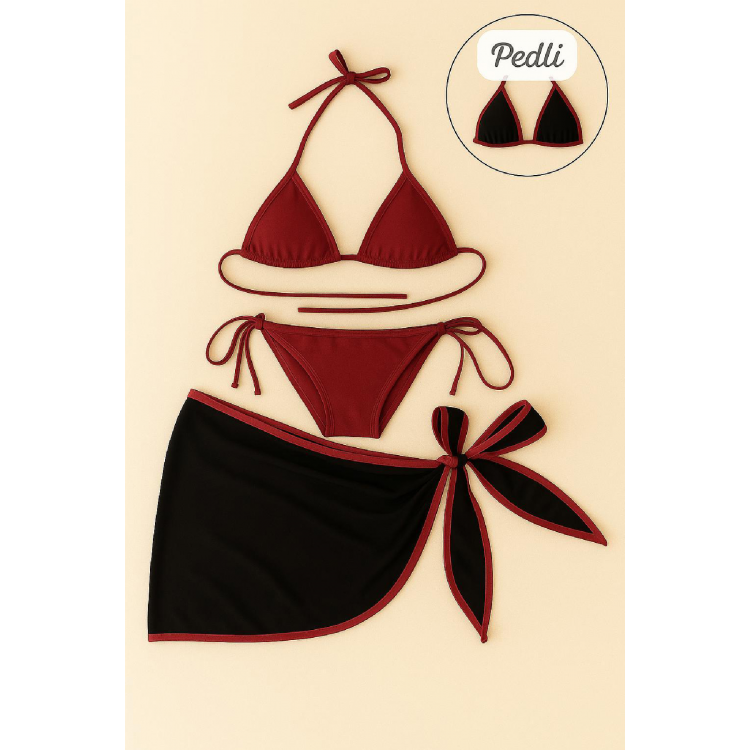 Kadın Bordo Siyah Pareolu Yandan ve Boyundan Bağlamalı 3'lü Bikini Takımı