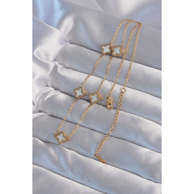 316L Çelik Gold Renk Minimal Beyaz Sedefli Yonca Kolye 5886