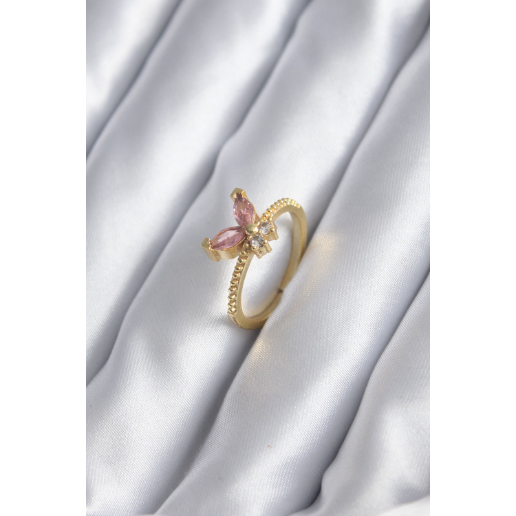 Gold Renk Pembe Zirkon Taşlı Kelebek Model Kadın Yüzük 5886