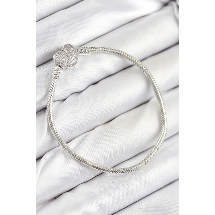 Pirinç Charm Zirkon Taşlı Kalp Model Gümüş Renk Kadın Bileklik 5886