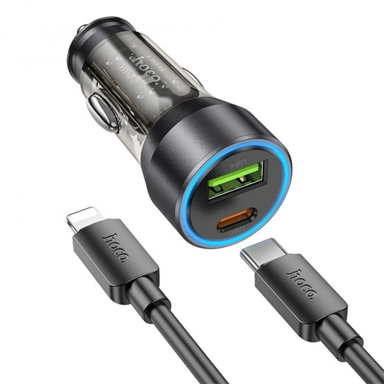 HOCO NZ12A Action PD43W USB + Type-C Araç Çakmaklık Hızlı Şarj Aleti + Type-C to iPhone Lightning Ka-(5775)