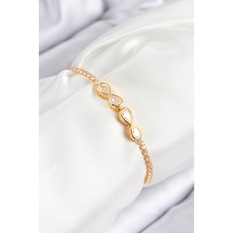 Pirinç Zirkon Taşlı Sonsuzluk Model Gold Renk Asansörlü Kadın Bileklik 5886
