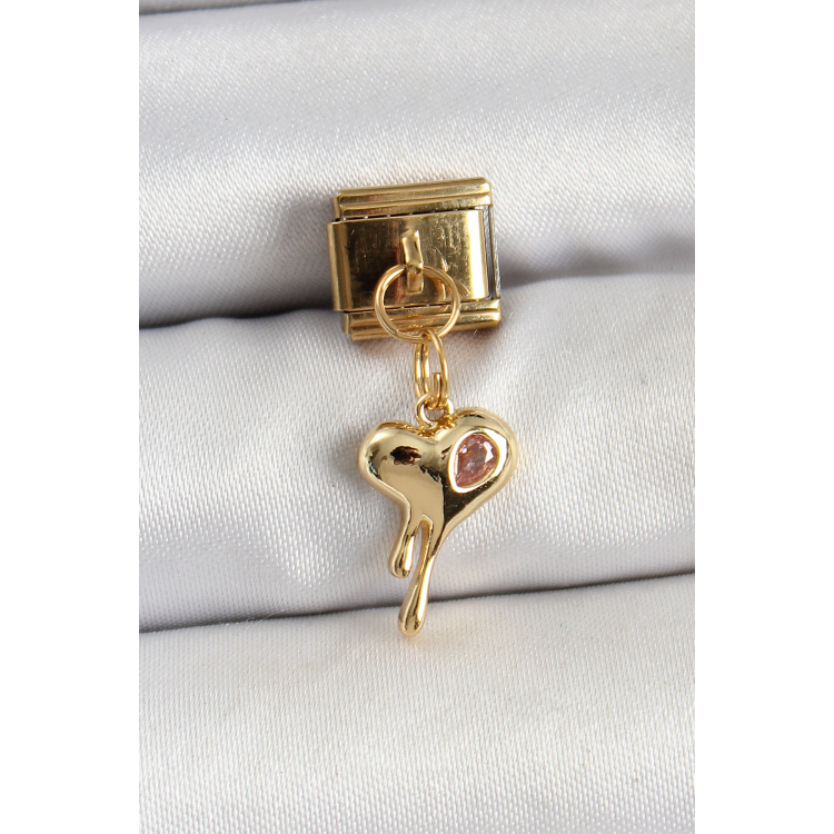 316L Çelik Sallantılı Zirkon Taşlı Eriyen Kalp Model Gold Renk Nomination Charm 5886