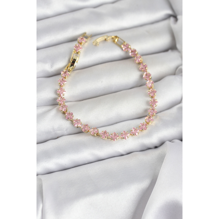 Pembe Kare Zirkon Taşlı Gold Renk Pirinç Su Yolu Kadın Bileklik 5886