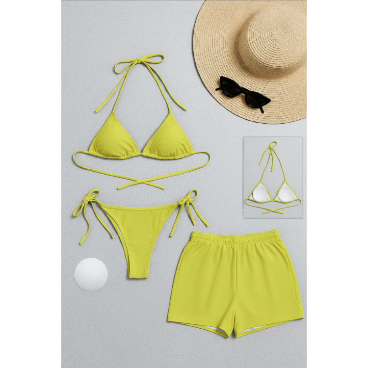 Kadın 3'lü Set Fosforlu Şortlu ve Yandan Bağlamalı Bikini Mayo Takımı