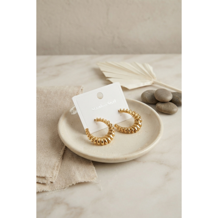 316L Çelik Gold Renk Tırtıklı Halka Model Küpe 5886