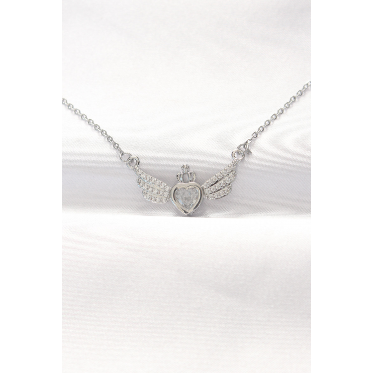 316L Çelik Silver Renk Zirkon Taşlı Kalpli Kanat Kolye 5886