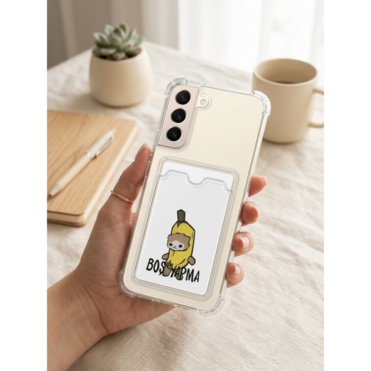 Samsung Galaxy S22 Boş Yapma Muz Detaylı Kart Bölmeli Şeffaf Telefon Kılıfı