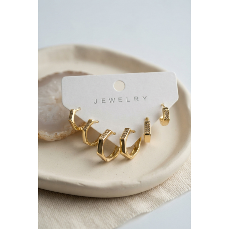 Petek Model Gold Renk Zirkon Taşlı Pirinç Kadın Küpe Seti 5886