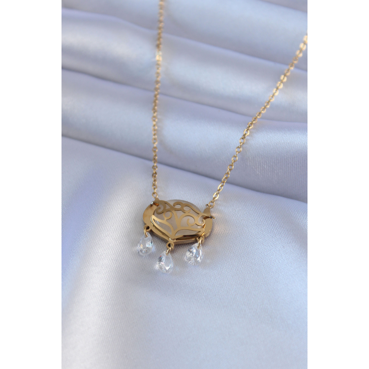 316L Çelik Gold Renk Lotus Model Zirkon Taşlı Kadın Kolye 5886