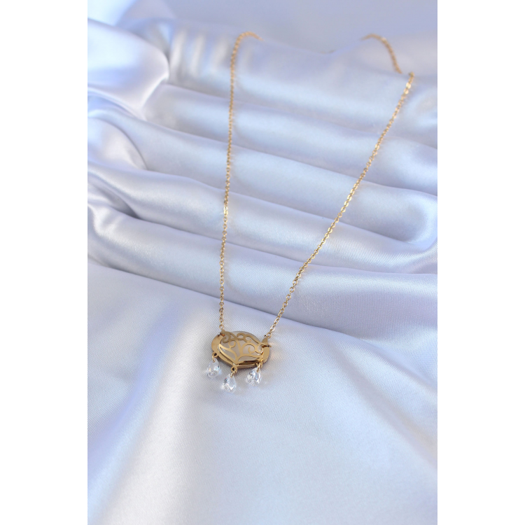 316L Çelik Gold Renk Lotus Model Zirkon Taşlı Kadın Kolye 5886