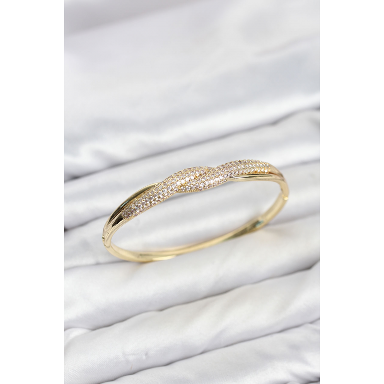 Gold Renk Zirkon Taşlı Sarmal Model Kadın Kelepçe Bileklik 5886
