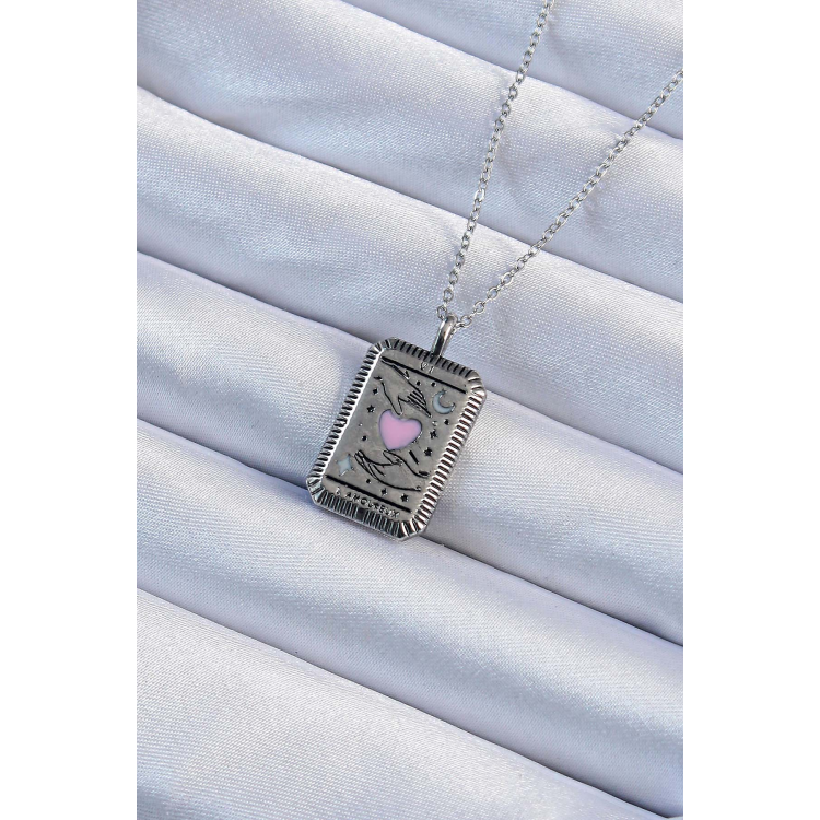 316L Çelik Zincir Eskitme Gümüş Renk Pembe Mineli Kalp Figürlü Tarot Kolye 5886