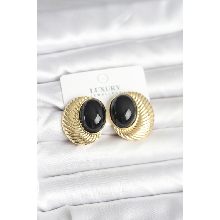 Pirinç Gold Renk Siyah Boncuklu Oval Vintage Kadın Küpe 5886