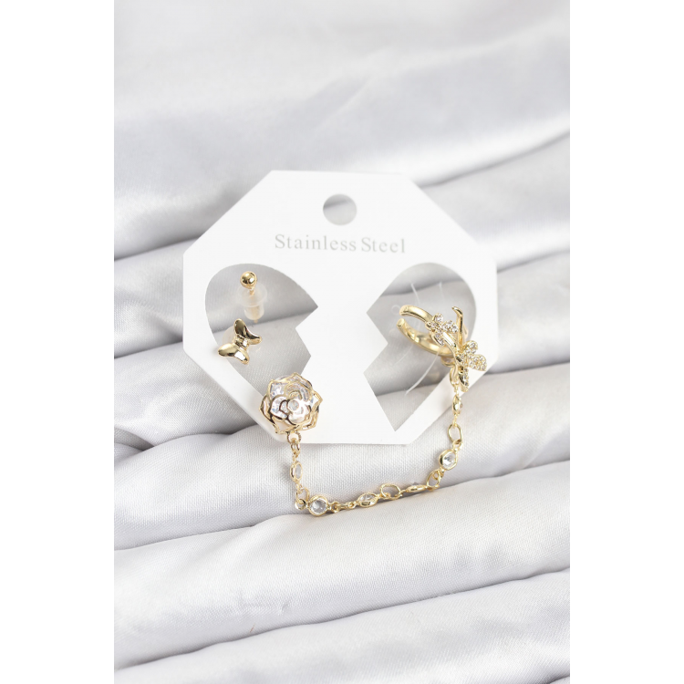 Pirinç Gold Renk Kelebekli Model Zincir Bağlantılı Ear Cuff Küpe Seti 5886