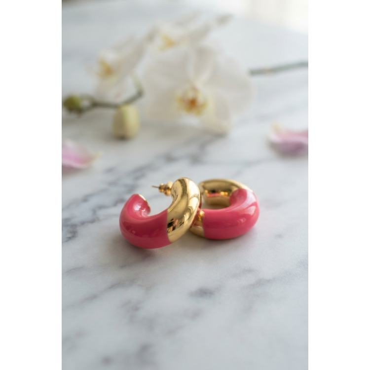 316L Çelik Gold Renk Fuşya Halka Model Kadın Küpe 5886