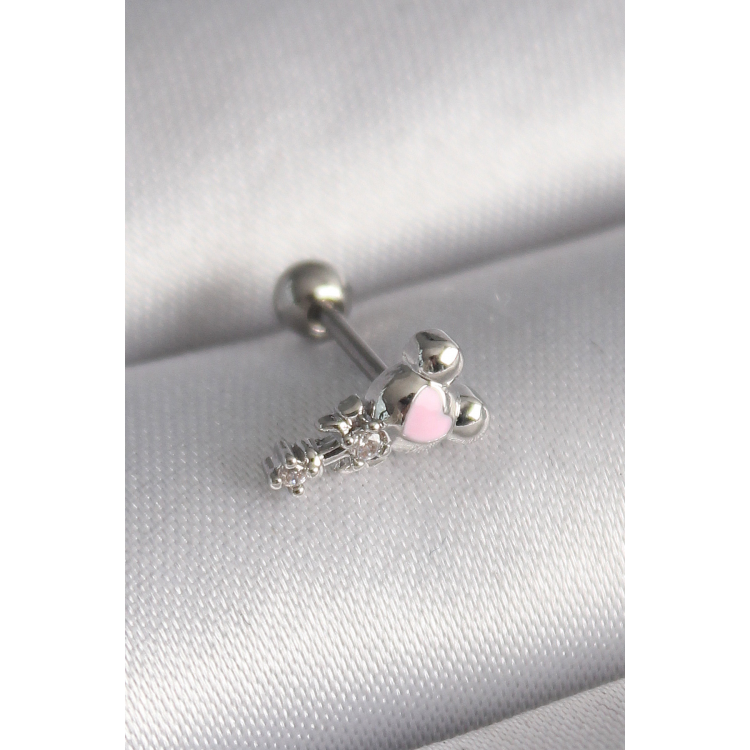 316L Çelik Gümüş Renk Zirkon Taş Detay Pembe Kalp İşleme Tragus Piercing 5886