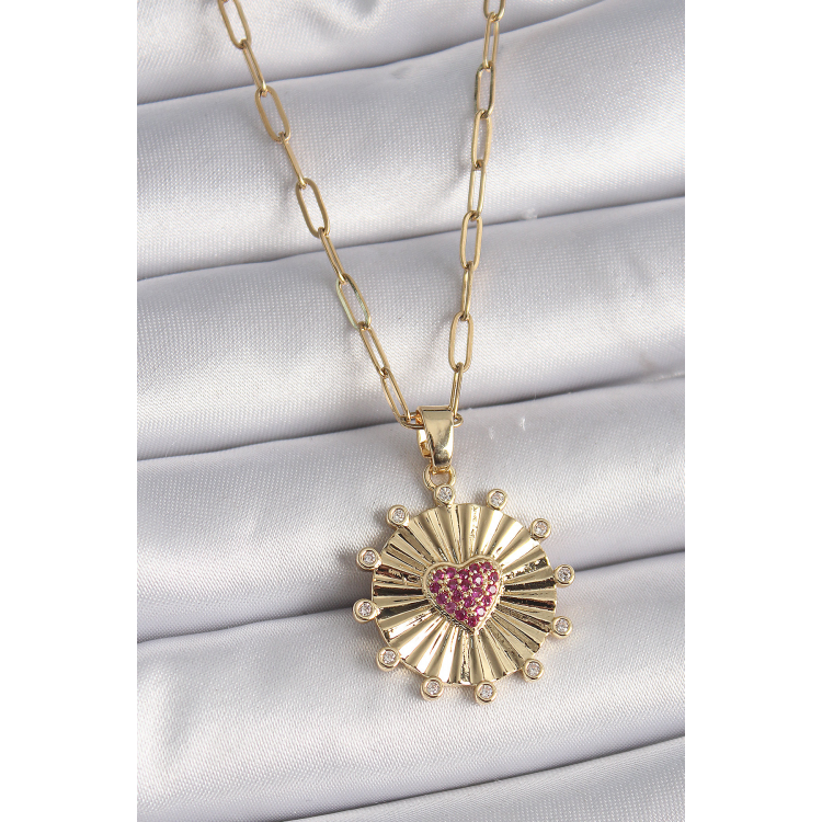 316L Çelik Gold Renk Pembe Zirkon Taşlı Kalp İşleme Madalyon Model Kadın Kolye 5886