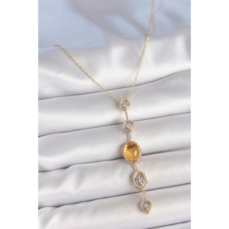 Pirinç Zincir Kehribar Sarı Gold Renk  Zirkon Taşlı Y Kolye 5886