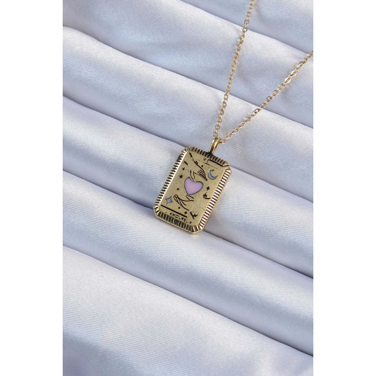 316L Çelik Zincir Eskitme Altın Renk Pembe Mineli Kalp Figürlü Tarot Kolye 5886