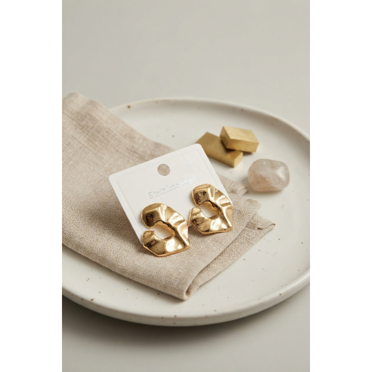 316L Çelik Gold Renk Organik Dokulu Asimetrik Tasarım Damla Model Küpe 5886