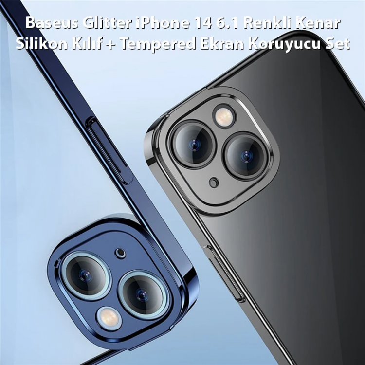 Baseus Glitter iPhone 14 6.1 Renkli Kenar Silikon Kılıf + Tempered Ekran Koruyucu Set-(5775)