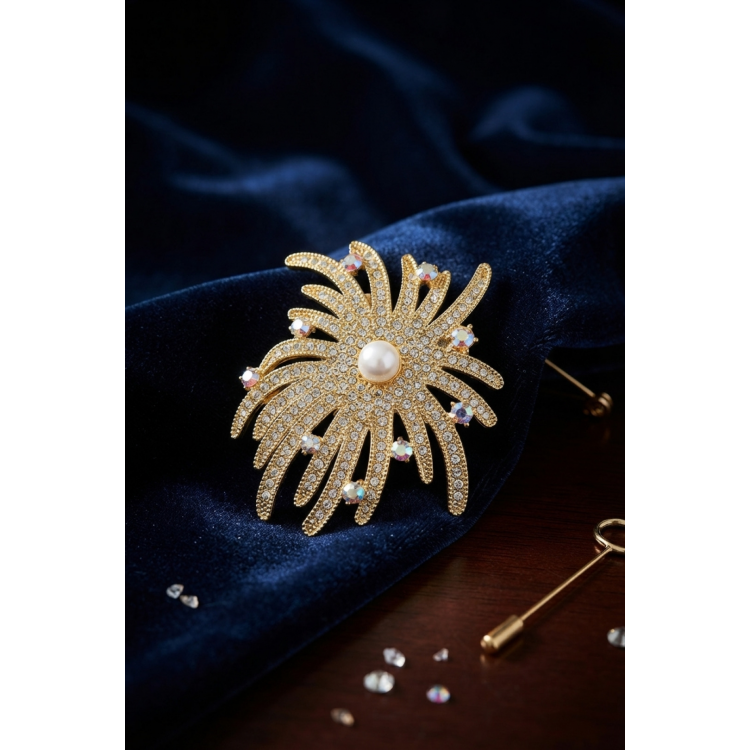 Zirkon Taşlı Gold Renk İnci Detaylı Broş 5886