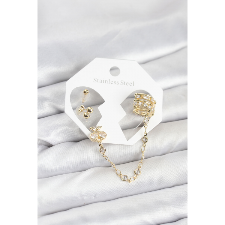 Kiraz Model Pirinç Gold Renk Zincir Bağlantılı Ear Cuff Küpe Seti 5886