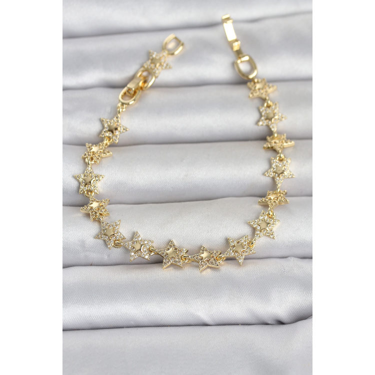 Sıralı Yıldız Model Zirkon Taşlı Gold Renk Pirinç Kadın Bileklik 5886