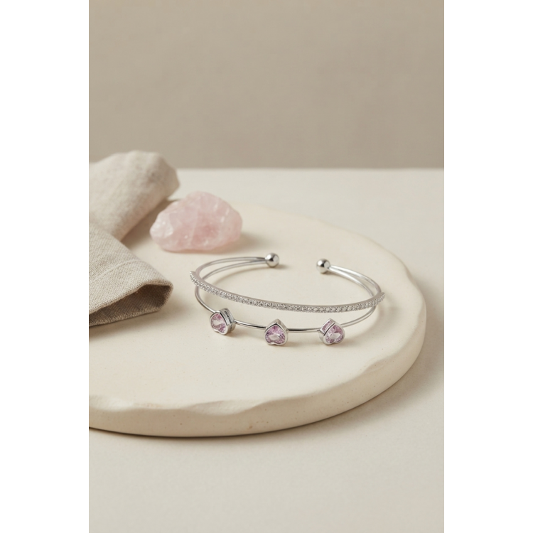 Pembe Kalp Model Zirkon Taşlı Gümüş Renk Kadın Bileklik 5886