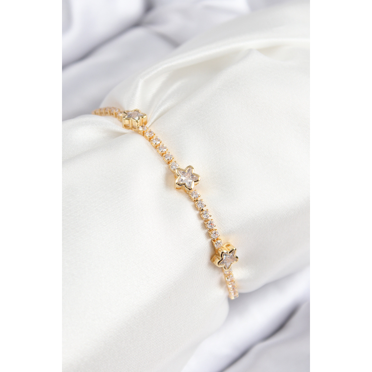 Pirinç Zirkon Taşlı Yıldız Model Gold Renk Asansörlü Kadın Bileklik 5886