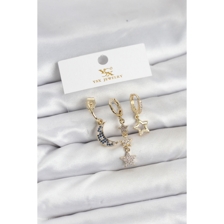 Pirinç Gold Renk Zirkon Taşlı Ay ve Yıldız Model YSX Trio Küpe Seti 5886