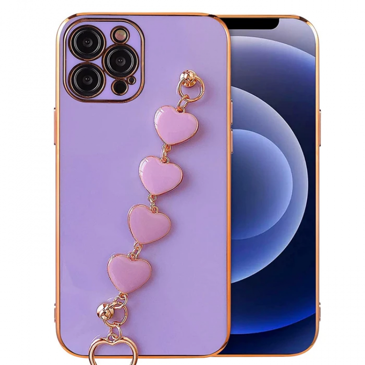 Ally iPhone 12 Pro Max 6.7inç Kılıf Kalp Bileklik Tutuculu Lüx Silikon Askılı Kılıf-(5775)