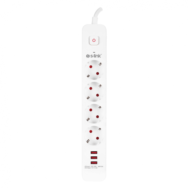 S-LINK SPG403U 4 Soket Akım Korumalı Priz 3xUSB 5V 2.4A 1.5Mt %100 Bakır 1.5mm Kablo 750 Joule (Beyaz)(1923)