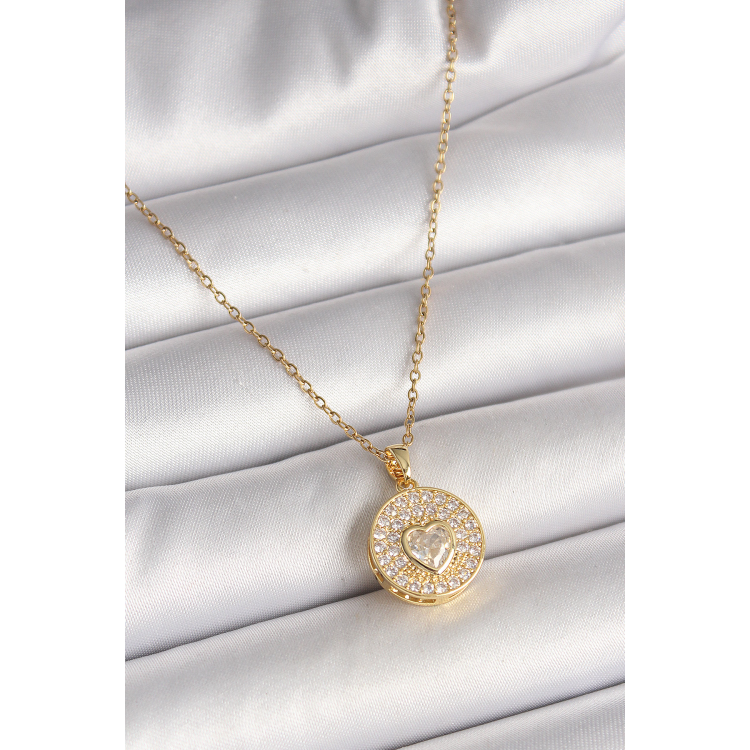 316L Çelik Gold Renk Zincir Madalyon Zirkon Taşlı Kalp Model Kadın Kolye 5886