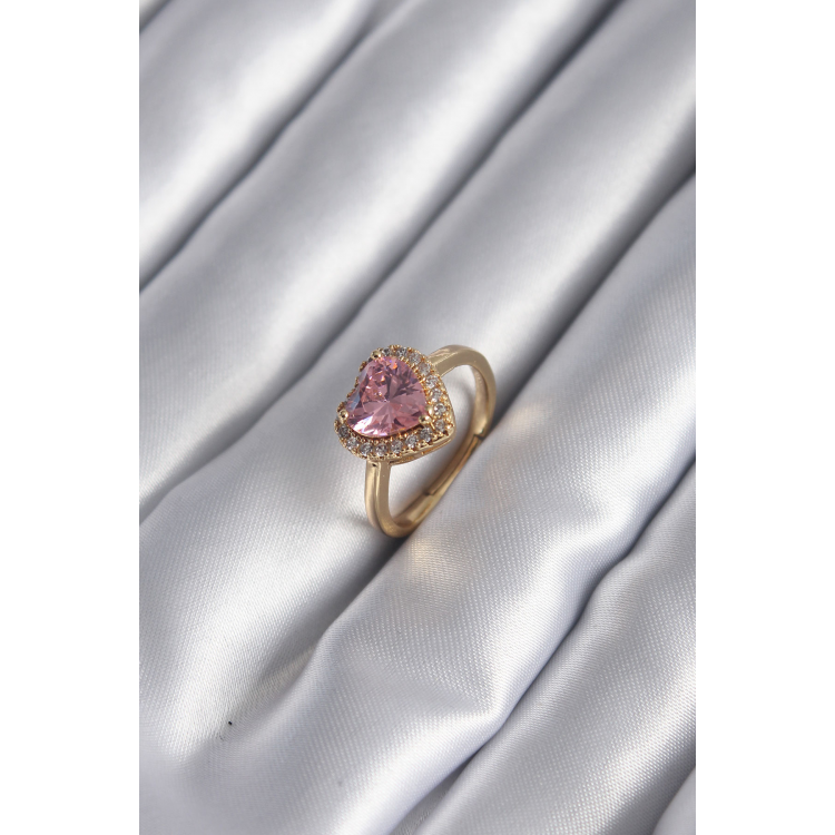 Pirinç Gold Renk Pembe Zirkon Taş Kalp Charm Model Kadın Yüzük 5886