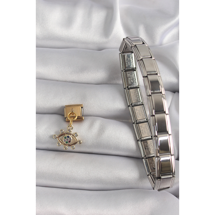 316L Çelik Gold Renk Sallantı Zirkon Taşlı Göz Model Nomination Charm 5886