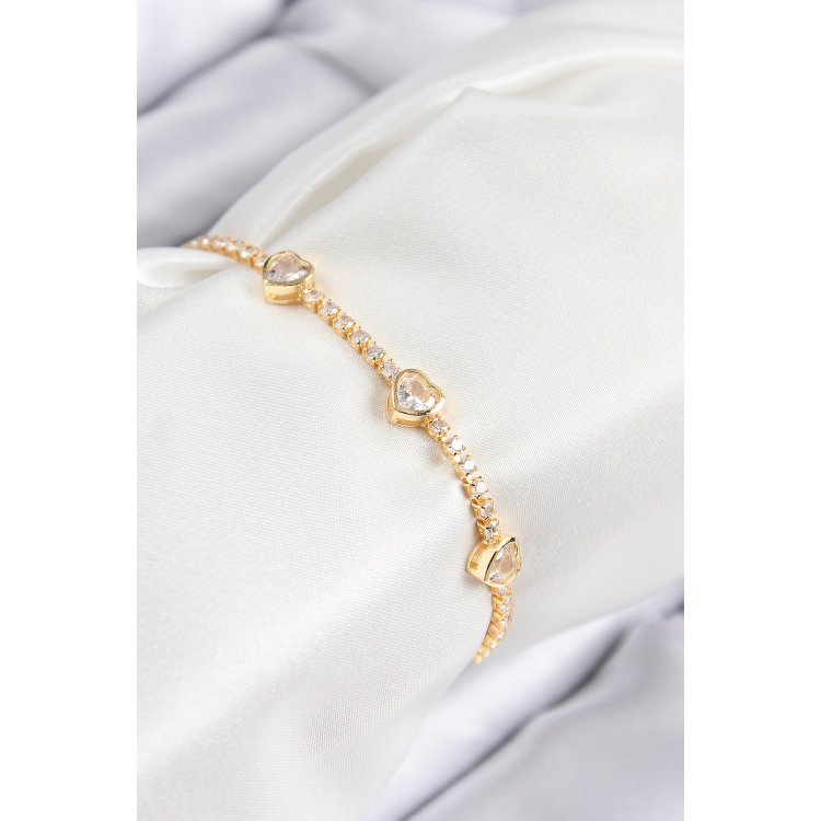 Pirinç Zirkon Taşlı Sıralı Kalp Model Gold Renk Kadın Bileklik 5886