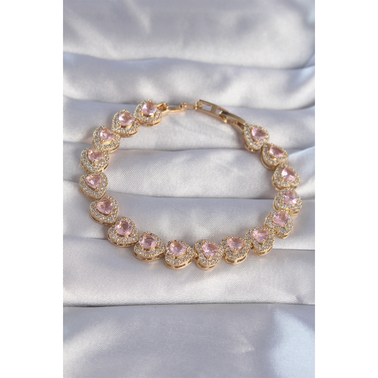 Vip Seri Pirinç Gold Renk Pembe Zirkon Taşlı Kalp Tasarımlı Bileklik 5886