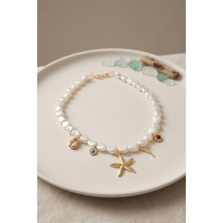 Gold Renk Deniz Temalı Charm Detaylı İnci Kolye 5886