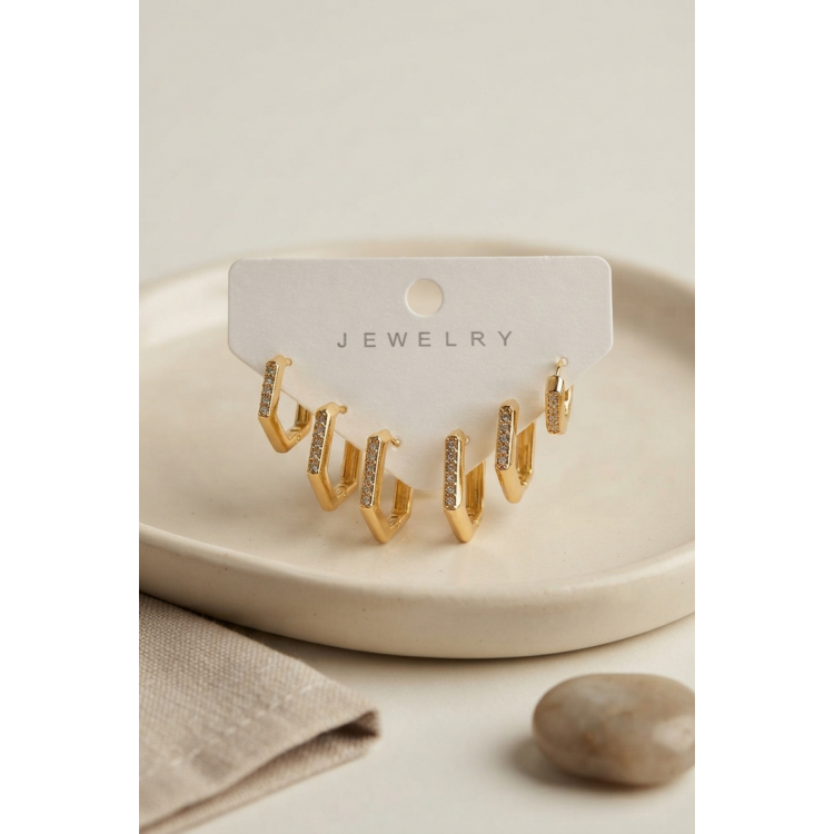 Gold Renk Zirkon Taşlı Pirinç Petek Model Kadın Küpe Seti 5886