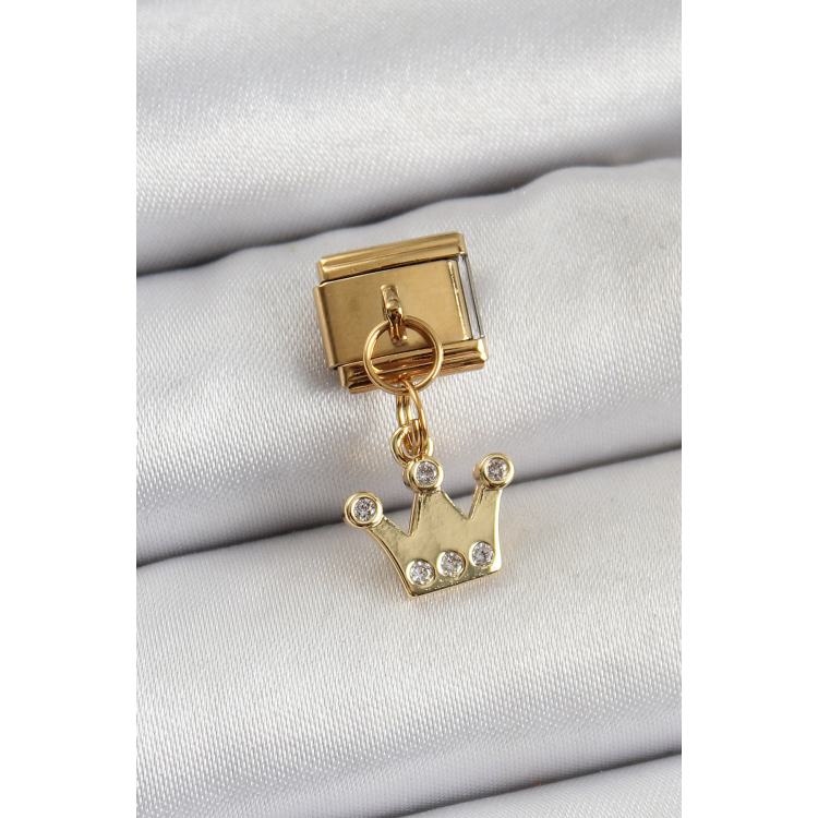 316L Çelik Sallantılı Zirkon Taşlı Kraliçe Tacı Model Gold Renk Nomination Charm 5886