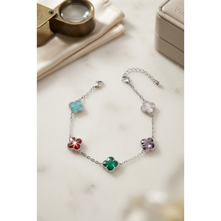 Renkli Kristal Taşlı Gümüş Renk Yonca Model Kadın Bileklik 5886