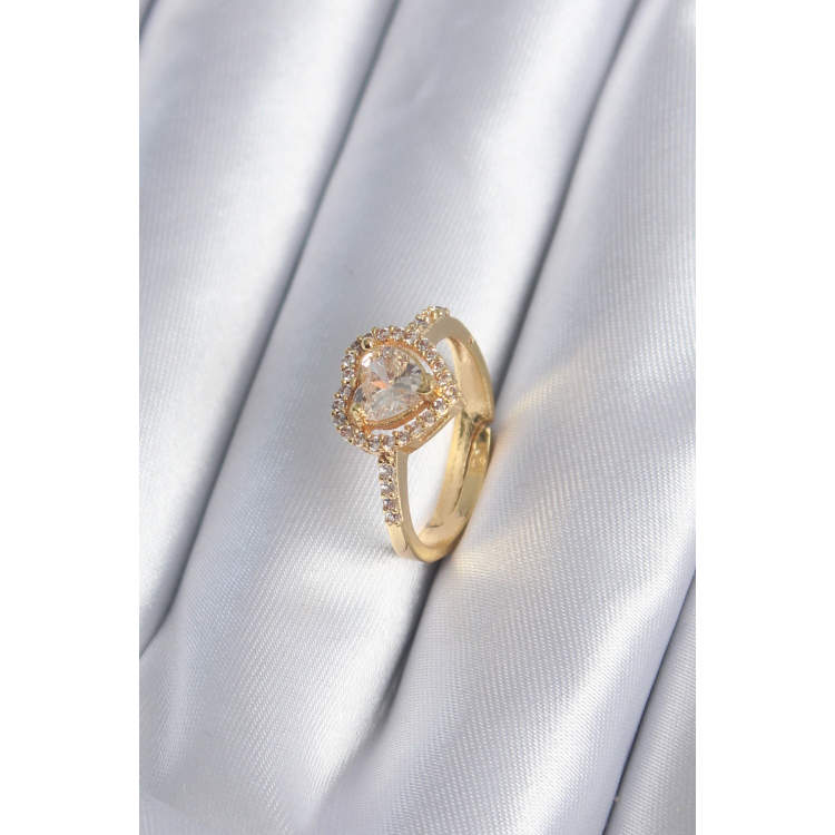 Pirinç Gold Renk Zirkon Taşlı Kalp Charm Model Kadın Yüzük 5886